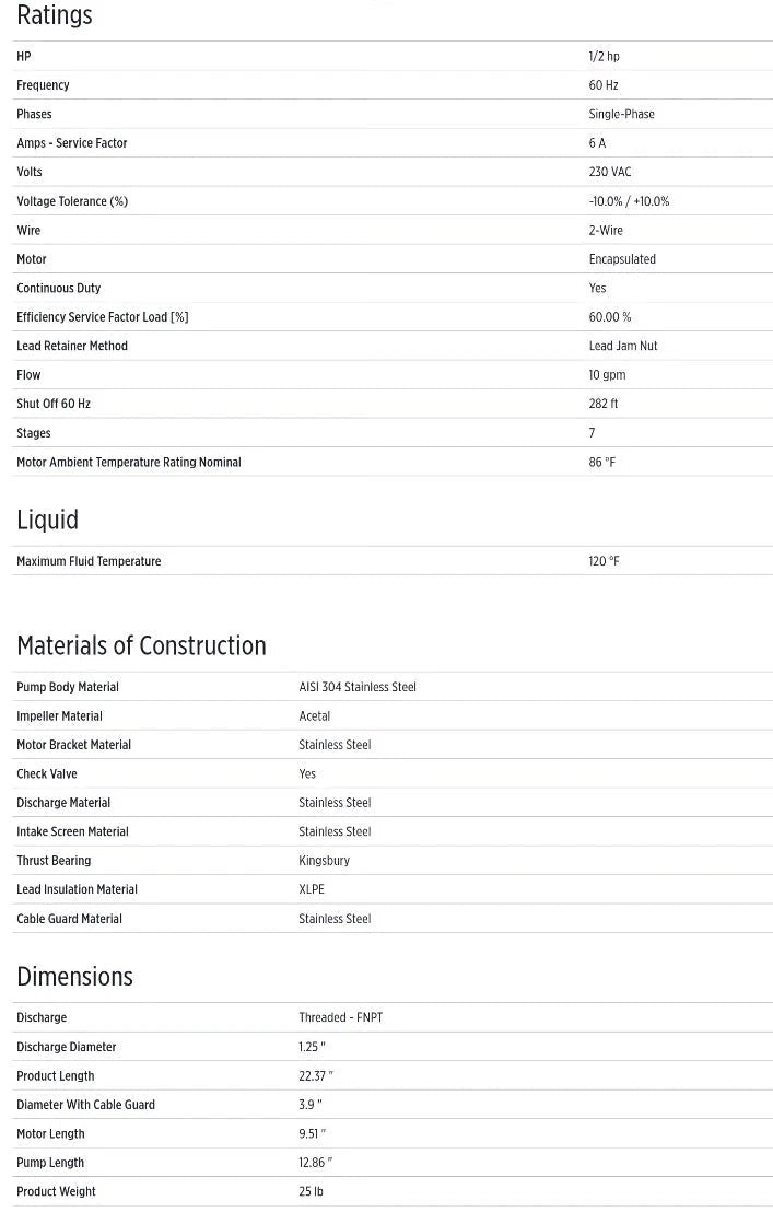 10GPM 1/2 HP Franklin Electric 4" Stainless Steel 230v 10FS05S4 - 2w230 - Water Well & Septic Supply